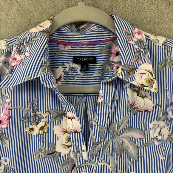 Talbots Top Womens M Blue Floral Popover Button Up Collared Long Sleeves Cottage - Picture 5 of 14
